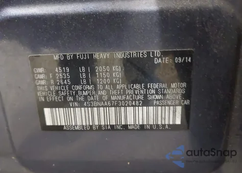 2015 Subaru Legacy 2.5I из США, поврежденный, VIN 4S3BNAA67F3020482